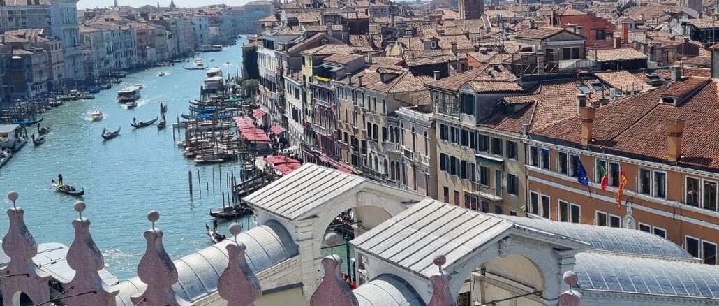 Rialto Bridge and Grand Canal from FdT rooftop platform in Venice