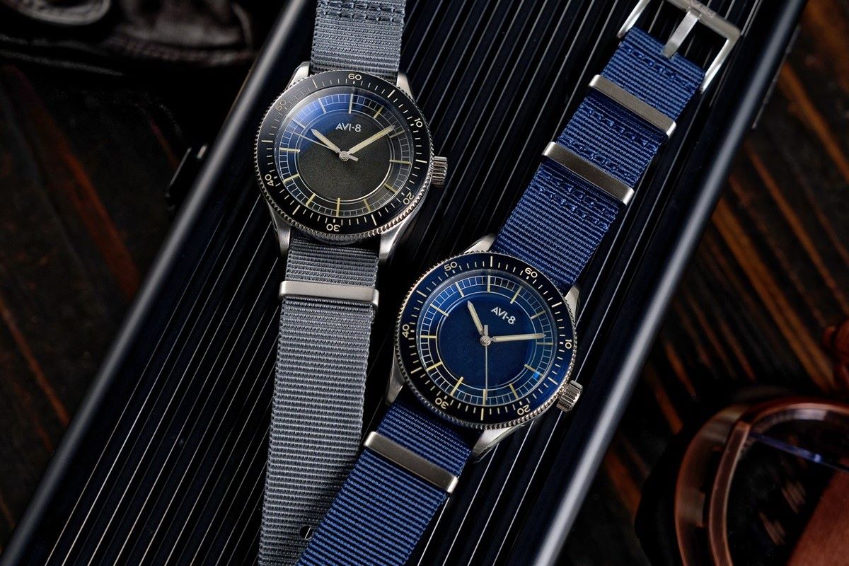 Grey and blue AVI-8 Flyboy Sector 40 Meca-Quartz Limited Edition watches